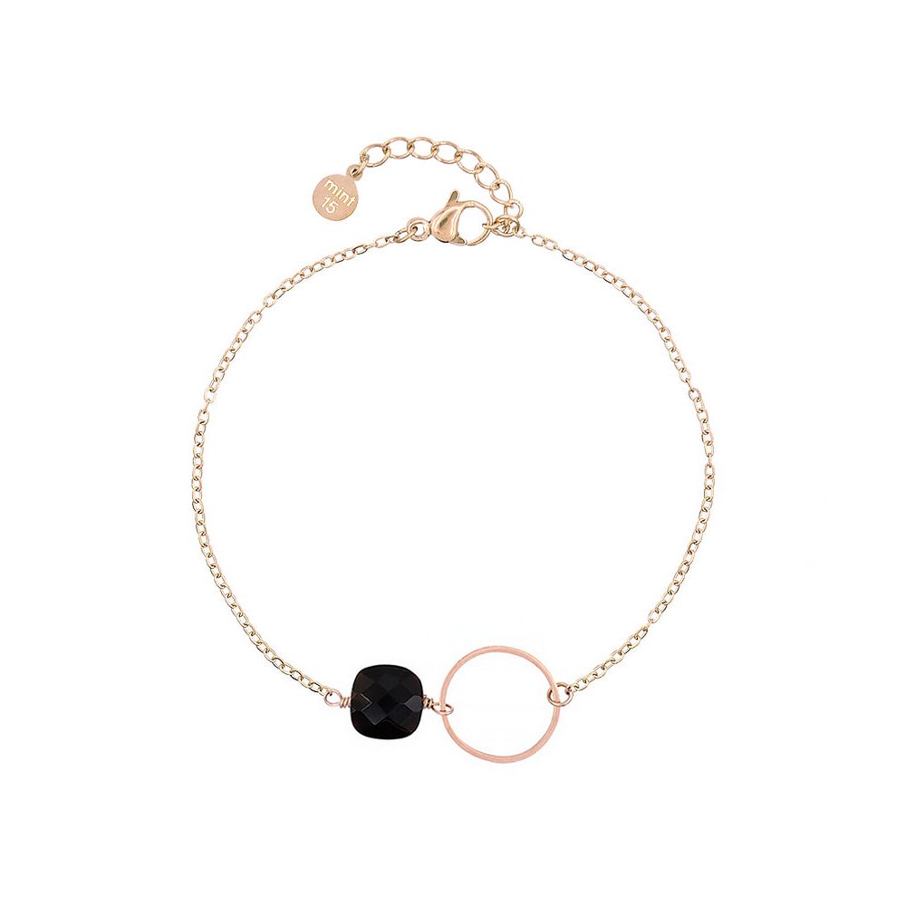 Kædearmbånd med ring - Sort Obsidian - Rose Guld