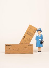 Miniature relief image of the London skyline, featuring iconic landmarks like Big Ben and the London Eye. The image has a vintage, hand-crafted aesthetic.