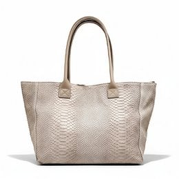 Beige leather tote bag with textured snake-skin pattern and dual handles.