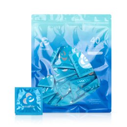 Condoms in a blue and white package. The package contains 40 condoms.
