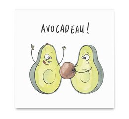Whimsical avocado-themed party card with playful illustration and text "Avocadeau!"