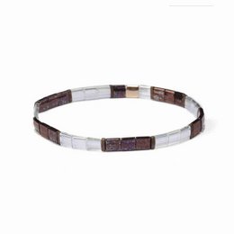 White and brown beaded bracelet with rectangular beads.