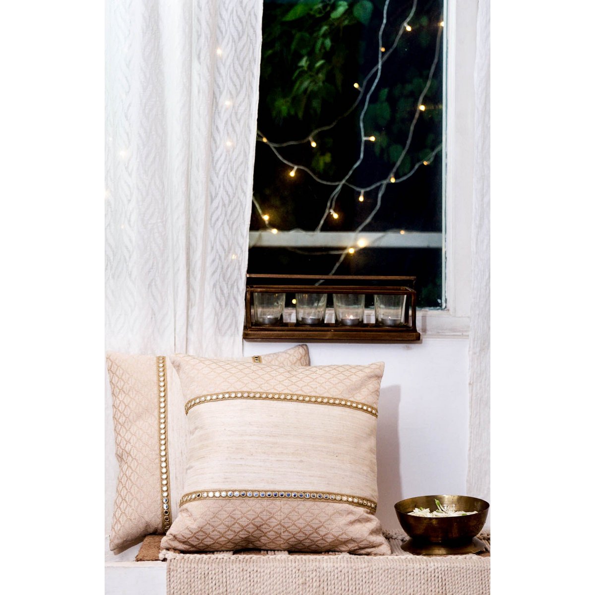 Handwoven Matka Silk Cushion Cover - Cotton Blend, Mirror Work