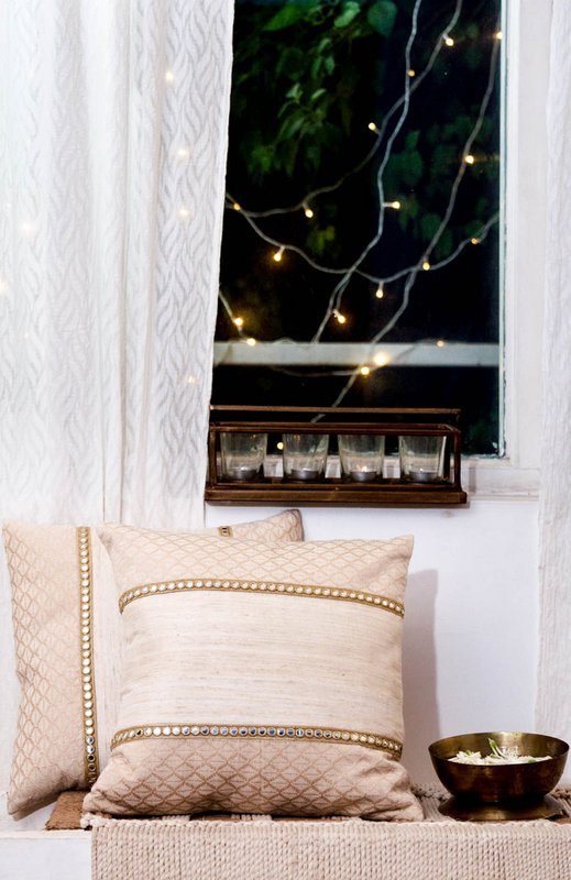 Handwoven Matka Silk Cushion Cover - Cotton Blend, Mirror Work