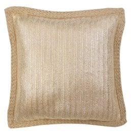 Beige square decorative pillow with a textured woven pattern, suitable for use on a couch or bed.