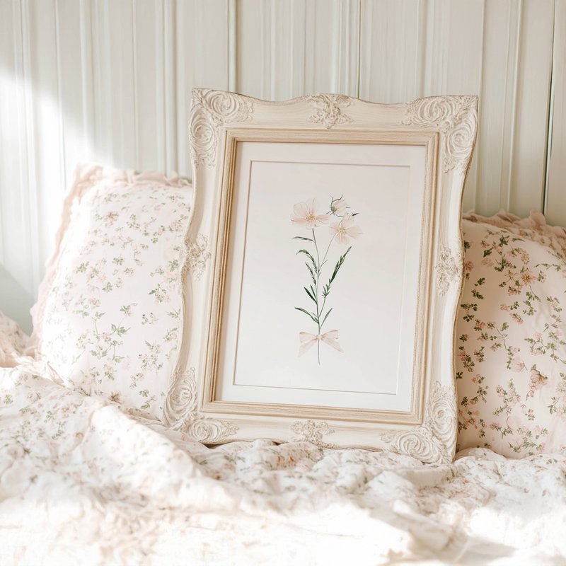 Blush spring flowers with bow, pink wildflowers poster, wildflowers bouquet print, floral nursery print, botanical poster, flower poster, floral nursery print, wildflowers poster, floral nursery poster, peach flowers
