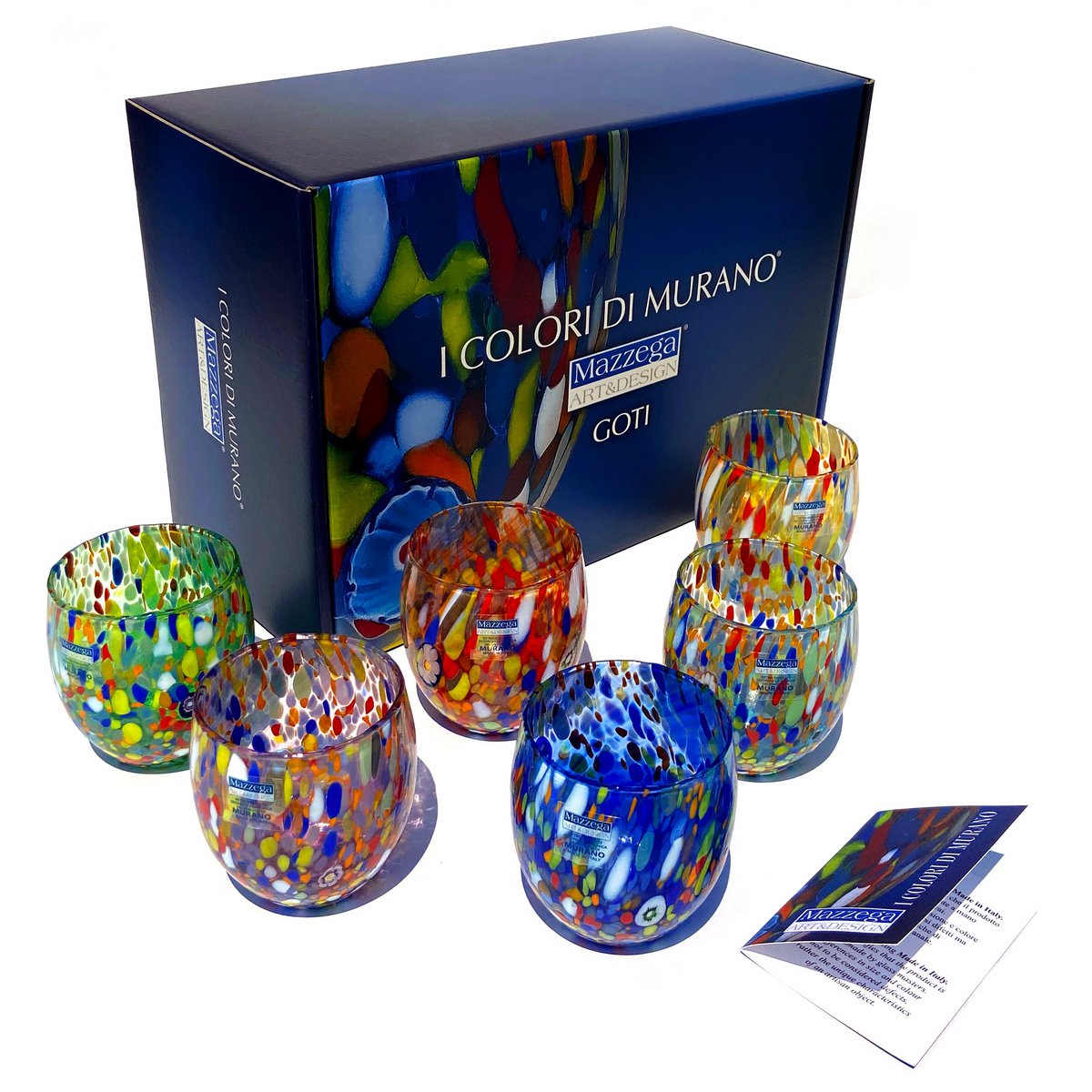 Klassieke waterglazen van handgeblazen en handgemaakt glas met Murano Murrine, lijn “I Colori di Murano”, 320 ml. Gemaakt in Italië