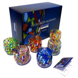 Klassieke waterglazen van handgeblazen en handgemaakt glas met Murano Murrine, lijn “I Colori di Murano”, 320 ml. Gemaakt in Italië
