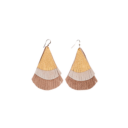  Leather earrings with fringes, tassels, and a beige color. The earrings have a statement style and feature a layered fan-like design with different shades of brown and tan.