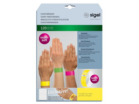 Event wristbands Sigel super soft 255x25mm neon yellow 120 pcs. incl. labels