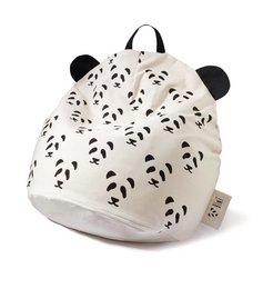 A white and black panda-themed backpack with a round shape and panda ears. The backpack has a black handle and is suitable for children.