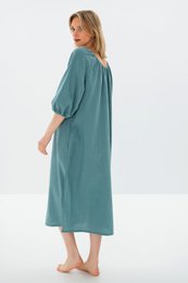 MOON — Vestido midi de lino lavado a la piedra con hombros descubiertos
