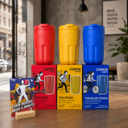 Insulated travel mugs, mixed colors red yellow blue, cylindrical shape, colorful set, commute cups