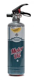 A silver fire extinguisher with a red and black design, featuring the text "Motor Oil" and a flame-like graphic.