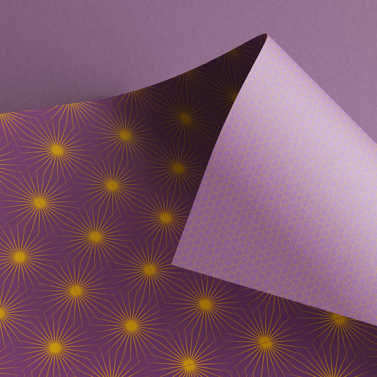 Lila Geschenkpapier mit Sonnensternen, retro Geschenkpapier orange und lila, ideal als Geburtstags- Geschenkpapier Frühling oder Weihnachtsgeschenkpapier