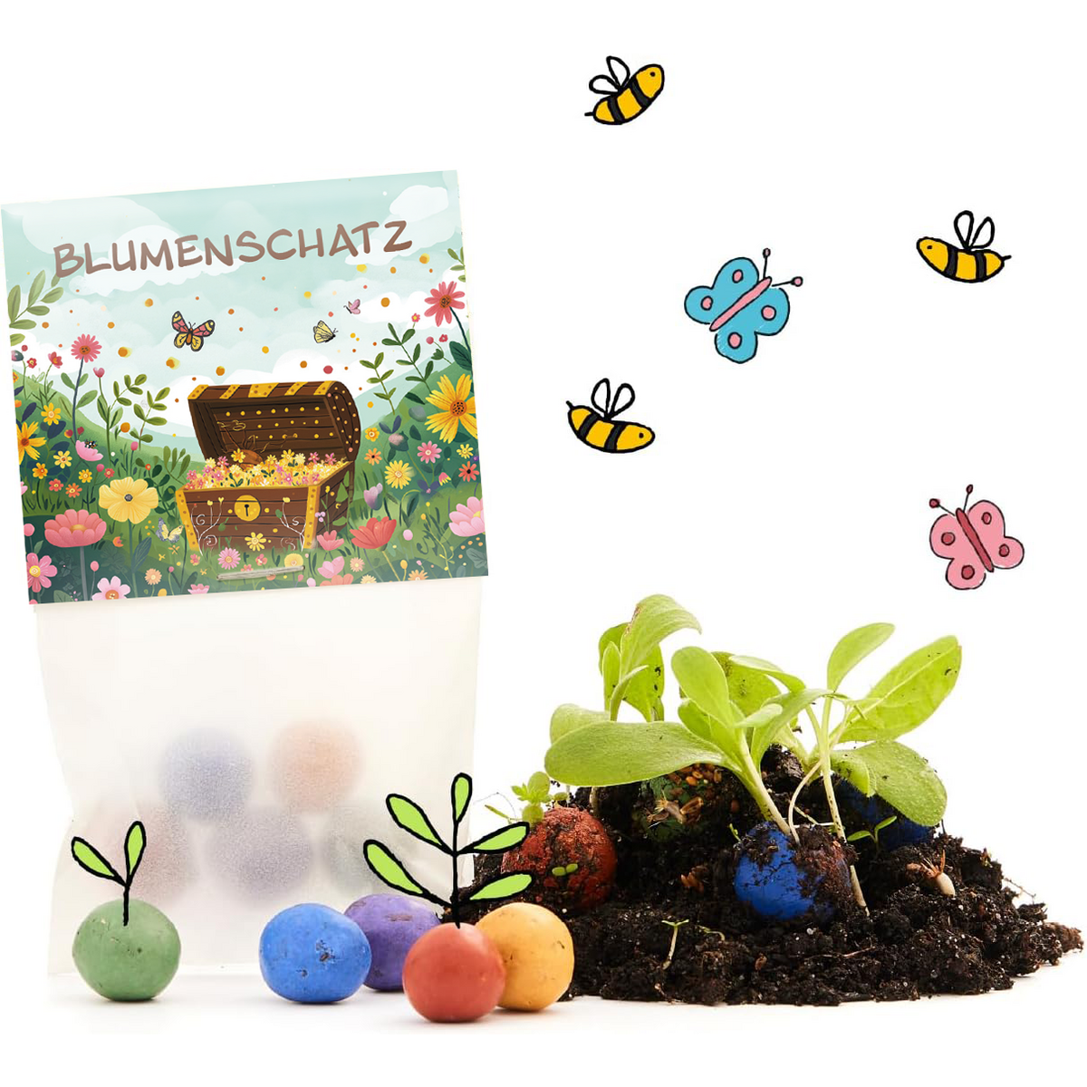 5er Blumenmurmeln im Pergaminbeutel - "Blumenschatz"