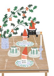 Postkarte 'Weihnachtsfrühstück (mit Katze)'