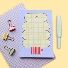 Cute tree-shaped notepad with grid pattern, smiling face, blue cover, A6 format stationery.