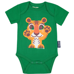 Green short-sleeved baby bodysuit with a cute tiger graphic. Made of soft, comfortable material.