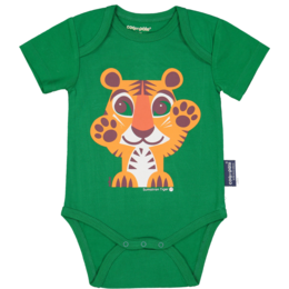 Green short-sleeved baby bodysuit with a cute tiger graphic. Made of soft, comfortable material.