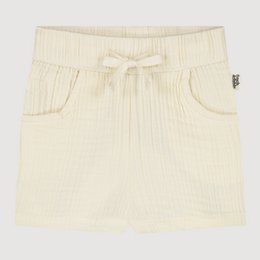 Organic cotton muslin shorts, lychee cream color, drawstring waist, textured ribbed fabric, baby toddler pants