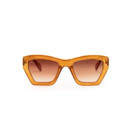 Amber-colored, angular sunglasses with a bold, modern style.