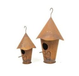 Large round birdhouse with hooks, made of wood, suitable for bird feeders.