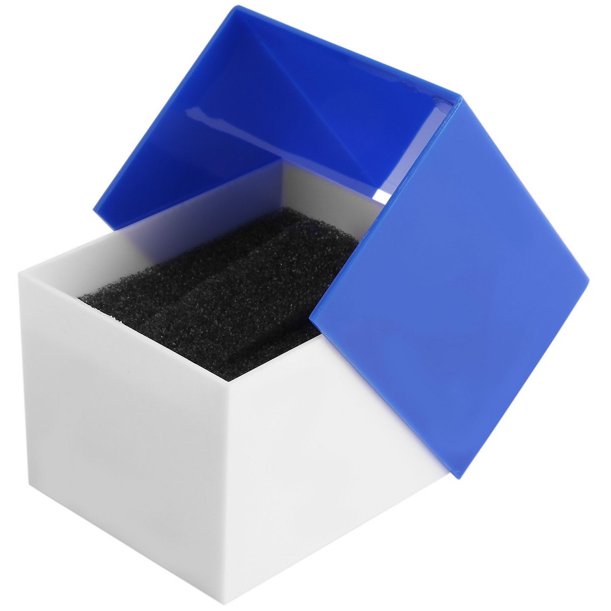 Plastic watch box, white/blue, hinged lid, pack of 12, 9.9 cm x 8.1 cm x 6.8 cm