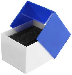 Plastic watch box, white/blue, hinged lid, pack of 12, 9.9 cm x 8.1 cm x 6.8 cm