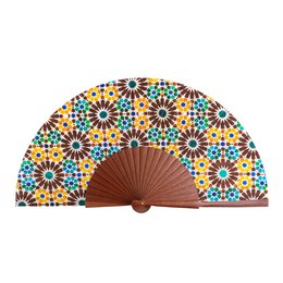 Fan de main en soie marron et jaune garnata