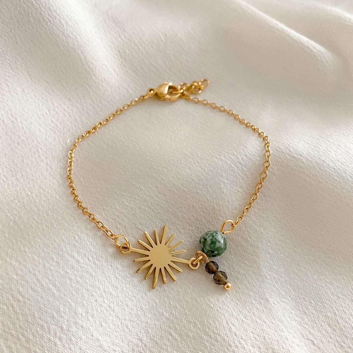 Pulsera de cuarzo ahumado y jaspe con manchas verdes - Oro