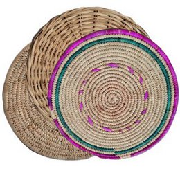 Rattan and bamboo trivet with a round, woven design in natural tones with colorful accents.