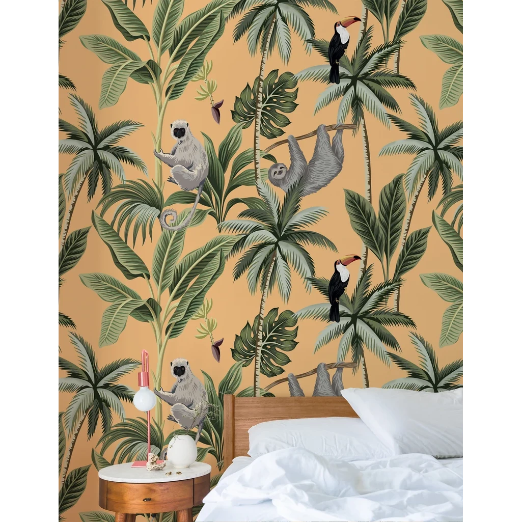 Jungle behang met oranje achtergrond