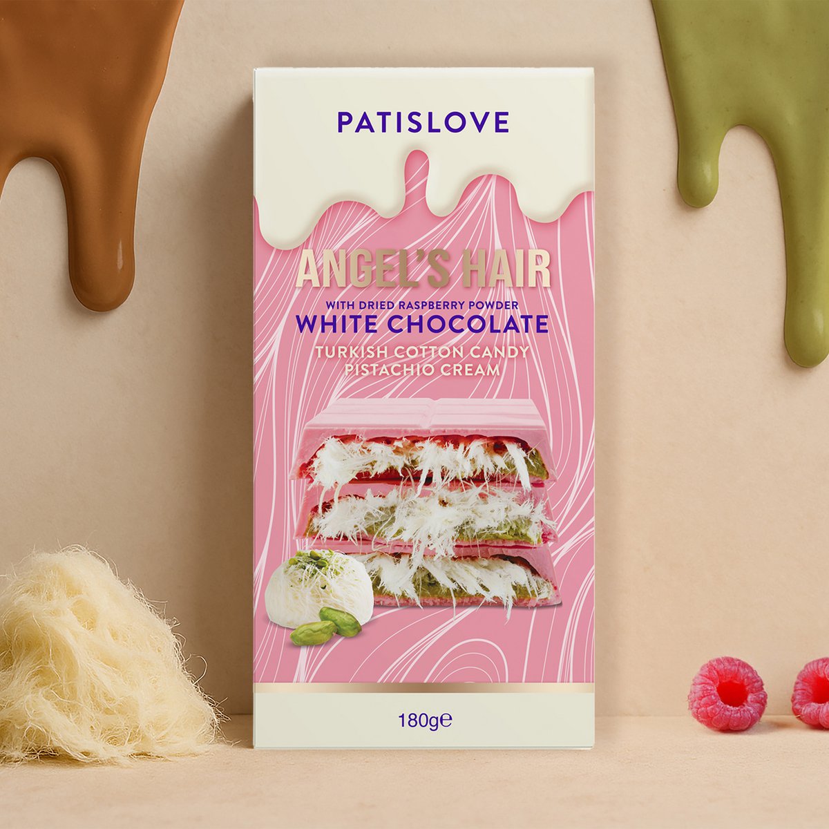 Angel's haar witte chocolade met gedroogd frambozenpoeder, 180 g