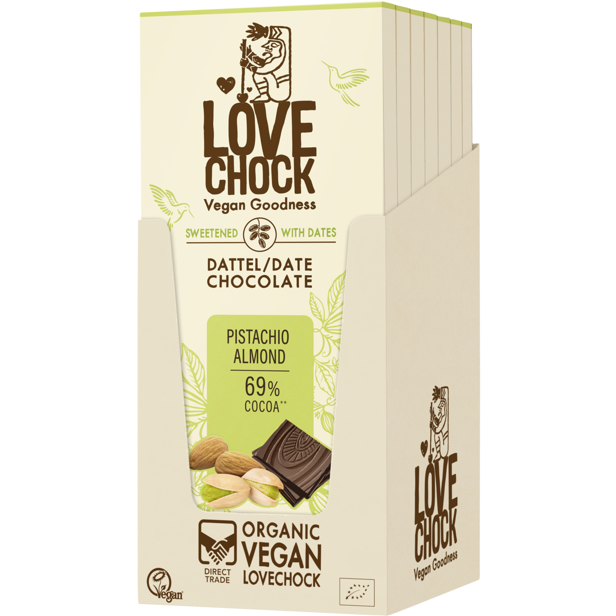 Chocolat sucré avec des dates pistache d'amande 69% de cacao - bio, végétalien, durable