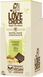 Cioccolato addolcito con date pistacchi di mandorle 69% cacao - bio, vegano, resistente