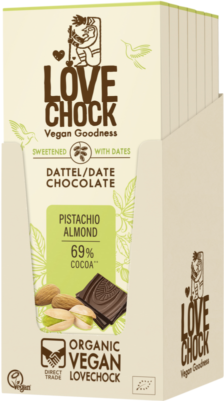Cioccolato addolcito con date pistacchi di mandorle 69% cacao - bio, vegano, resistente