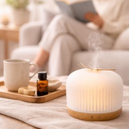 Diffusore olio essenziale di origine - Diffusore ad ultrasuoni per l'aromaterapia e fragranze della camera - in vetro e legno FSC - Idea regalo