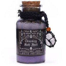  Purple bath salts in glass potion bottle with cork stopper, black herbs, witchy spell aesthetic, cleansing scent.