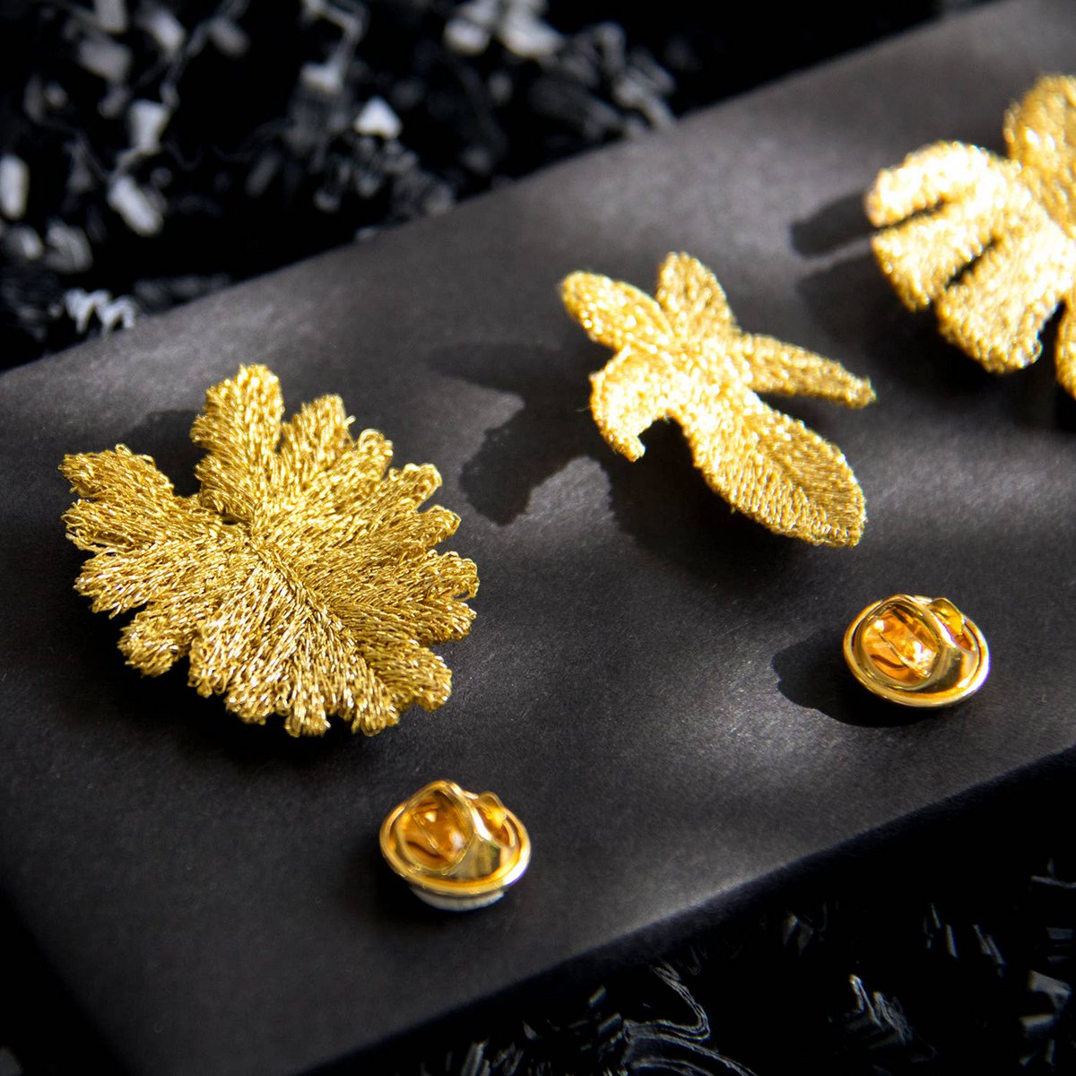 Golden Embroidered Brooches - 3 tropical leaves (Aroids)