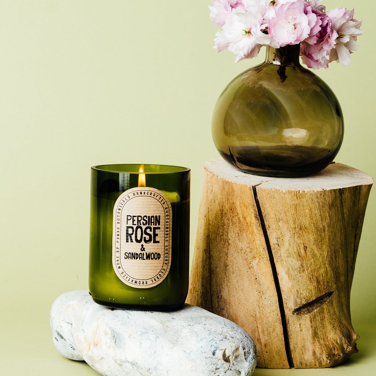 Persische Rose & Sandelholz Soja Wachs Kerze - Grünes Glas