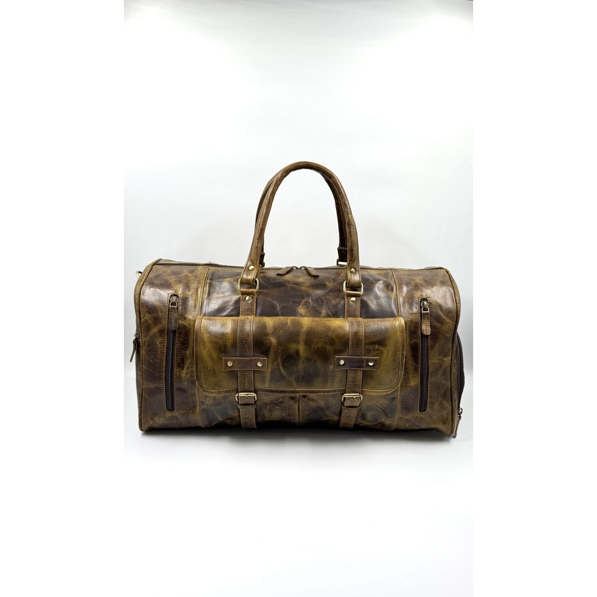 Handmade Dark Olive Moroccan Leather Travel Bag – Artisan 6-Pocket "Deep Forest" Duffle with Dedicated Shoe Compartment