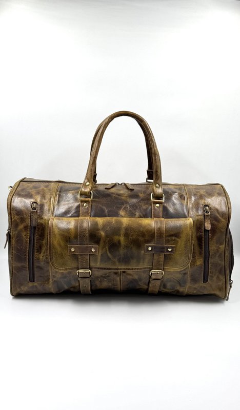 Handmade Dark Olive Moroccan Leather Travel Bag – Artisan 6-Pocket "Deep Forest" Duffle with Dedicated Shoe Compartment