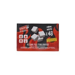 White fire starter cubes, pack of 48, for efficient ignition of barbecue grids and firewood.