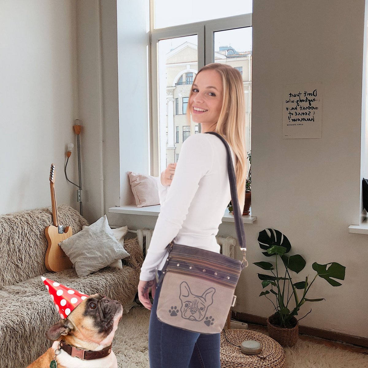 Sunsa dames schoudertas. Schoudertas in vintage stijl. Handtas van canvas. kleine crossbodytas voor dames met hondenmotief Bag Dog