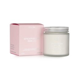 A brightening fruit acid face mask in a glass jar with a pink box. The mask appears to be a light, creamy color.
The product is a Lingonberry Bright 2 in 1 Brightening Fruit Acid Mask. It is a face mask that is designed to brighten and exfoliate the skin using fruit acids. The mask is a light, creamy color and is packaged in a glass jar with a pink box.