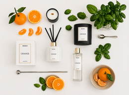 Orange home fragrance set with reed diffuser, candle, and lemons on wooden surface.