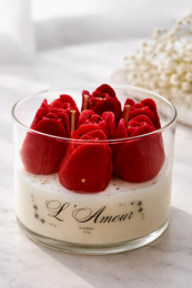 A round, tall white candle with red heart-shaped decorations on top, surrounded by white fluffy material, likely marshmallows or cotton. The candle appears to be a scented candle with the text "L'Amour" visible.