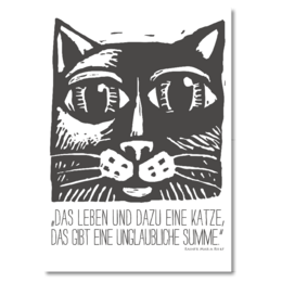 Postcard with a black and white illustration of a cat's face and a German text that translates to "That's life and that's a cat, that's an unbelievable thing."