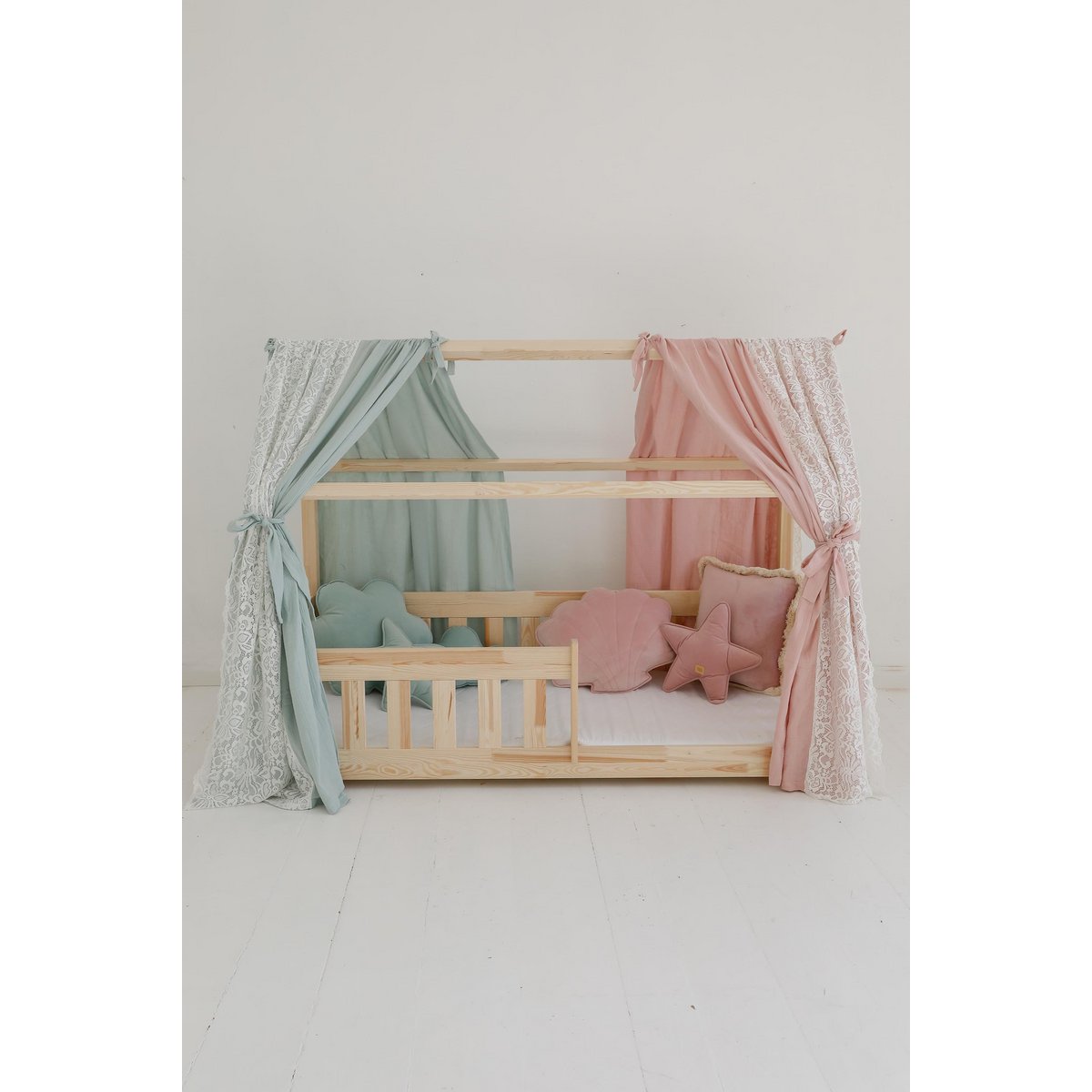 Muslin Boho Canopy with lace over the bed, House bed tent for children's room | Curtains for montessori bed |Toddler Bed Canopy, mint decor